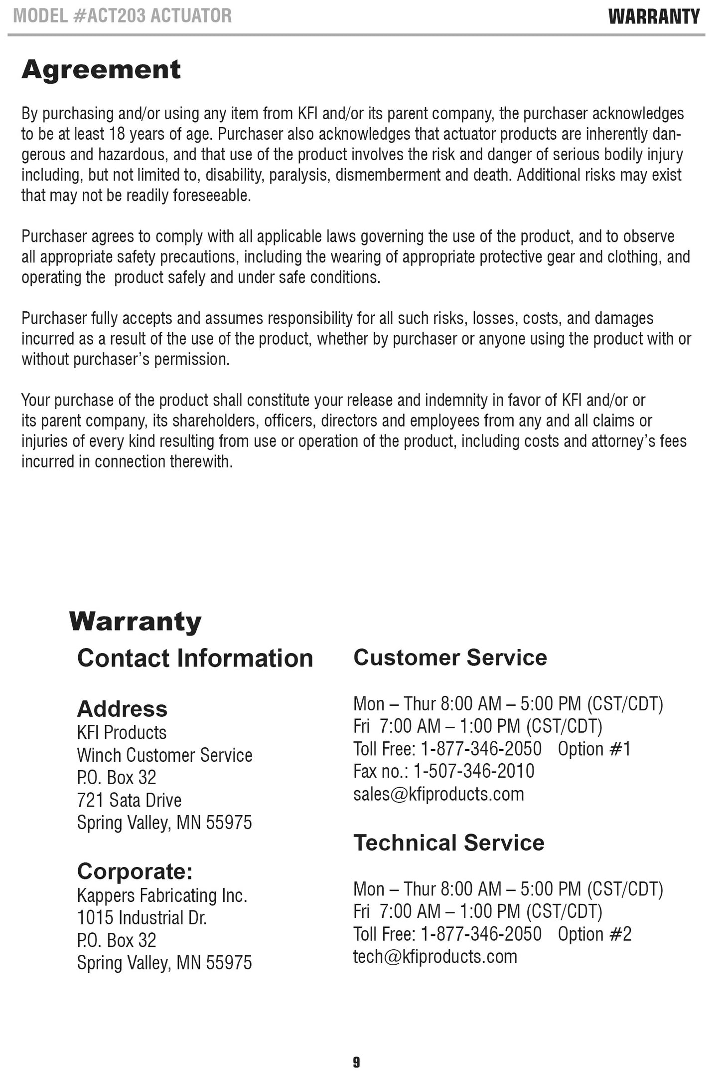 KFI ACT203 UTV PLOW HYDRAULIC ACTUATOR 106203