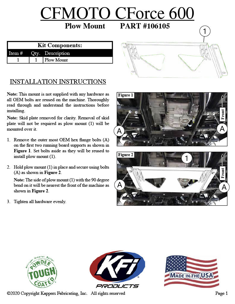 CF-Moto CForce 600 Touring - 2021-2024 ATV KFI Plow Mount 106105