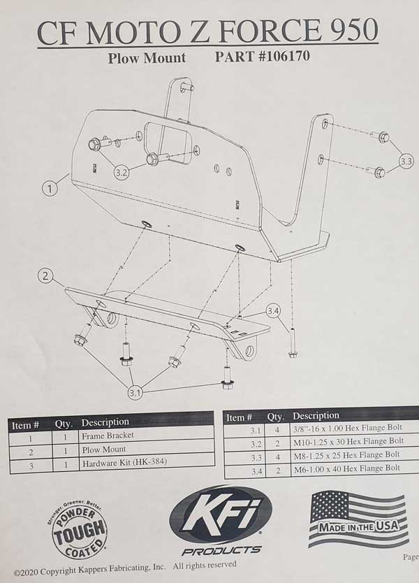 CFMOTO ZFORCE 950 HO (All) UTV 2022-2024 - KFI Plow Mount 106170