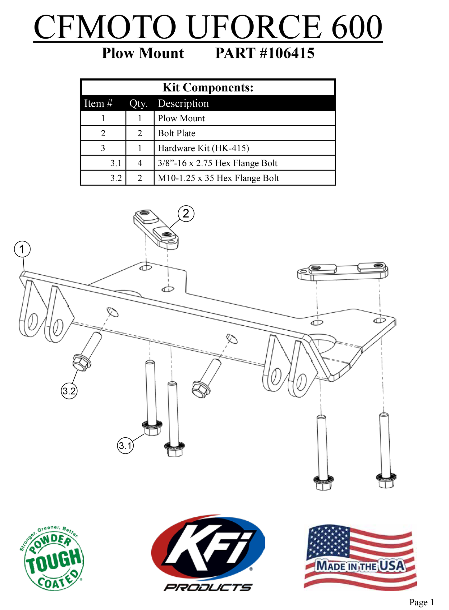 CFMOTO UFORCE 600 - 2021-2024 - KFI Plow Mount 106415