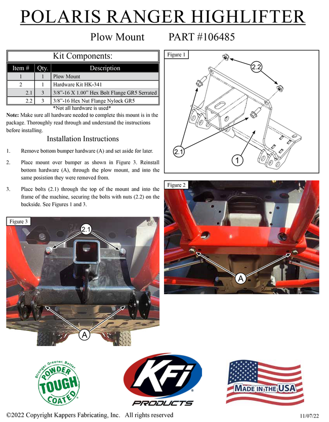 Polaris Full-Size Ranger XP 1000 High Lifter Edition - 2017-2022 - Snow Plow Mount 106485