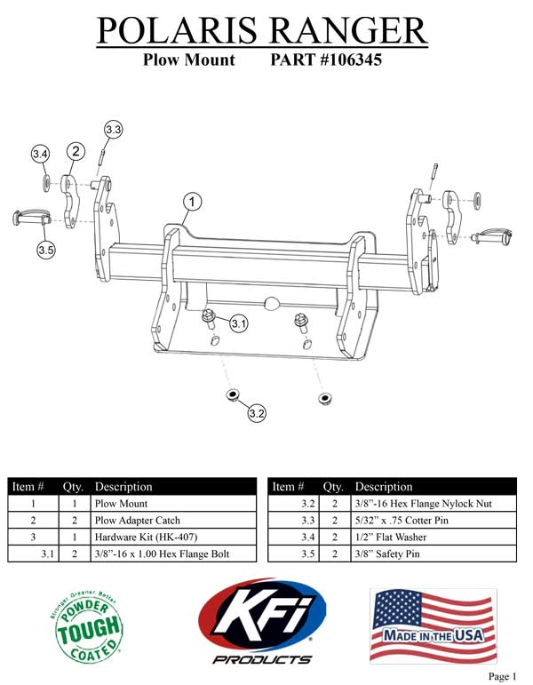 POLARIS 1000 Ranger XP Premium Full-Size 4x4 Crew 2021-2022 KFI Plow Mount 106345