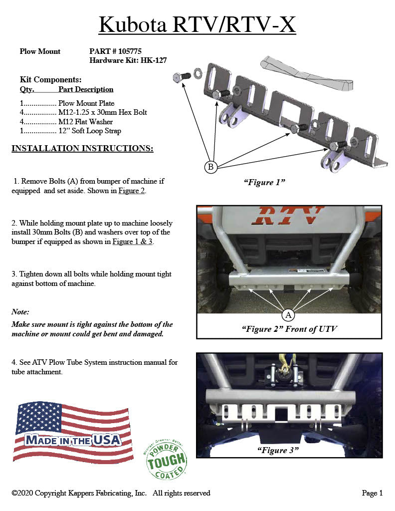 KUBOTA RTV 520 - All Years - UTV Plow Mount 105775